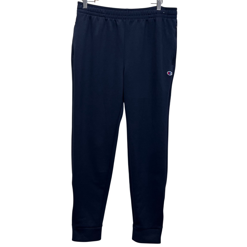 Champion Men Navy Blue Jogger Sweatpants Athletic Pants Logo Size L Zip Ankles